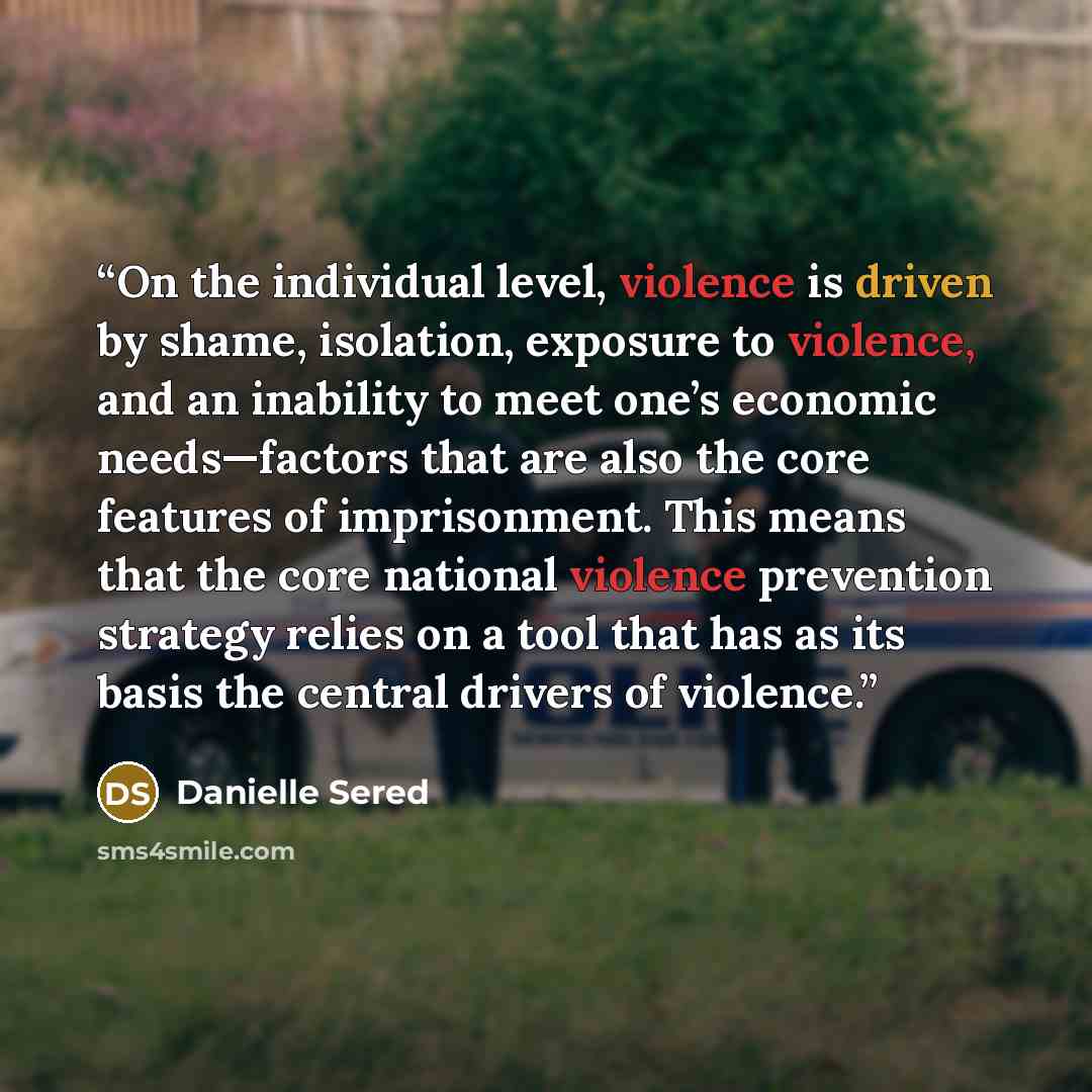 “On the individual level, violence is driven by shame, isolation, exposure to violence, and an inability to meet one’s economic needs—factors that are also the core features of imprisonment. This means that the core national violence prevention strategy relies on a tool that has as its basis the…” quote by Danielle Sered