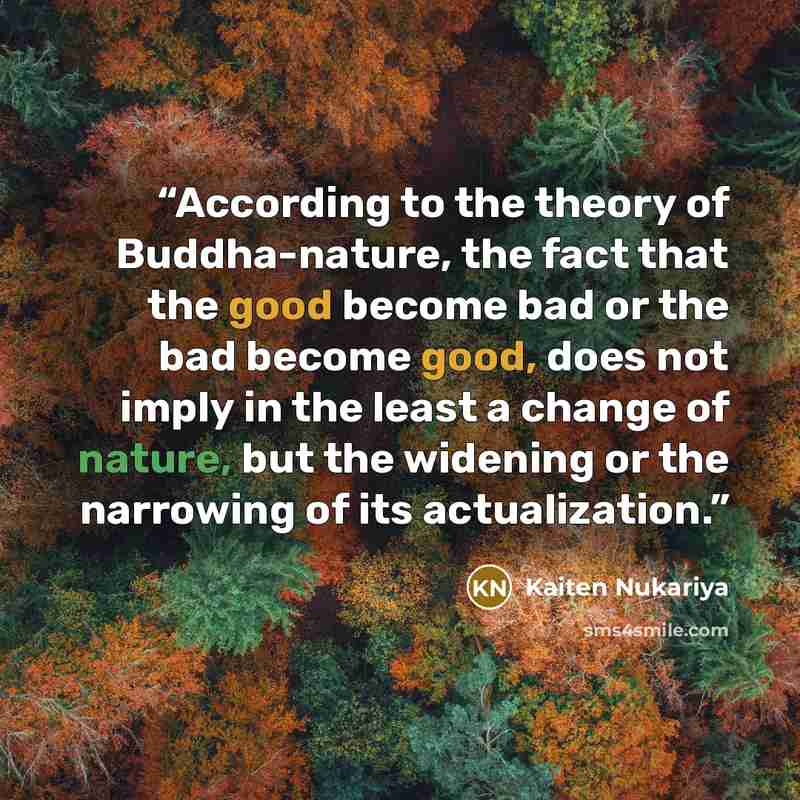 “According to the theory of Buddha-nature, the fact that the good become bad or the bad become good, does not imply in the least a change of nature, but the widening or the narrowing of its actualization.” quote by Kaiten Nukariya