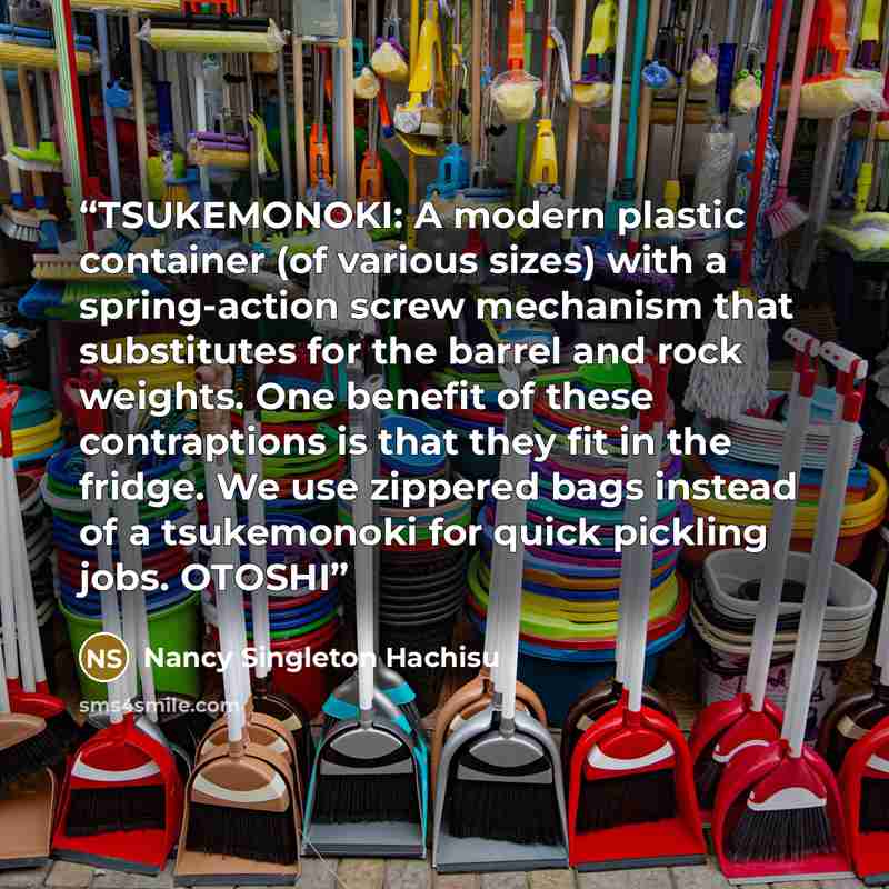 “TSUKEMONOKI: A modern plastic container (of various sizes) with a spring-action screw mechanism that substitutes for the barrel and rock weights. One benefit of these contraptions is that they fit in the fridge. We use zippered bags instead of a tsukemonoki for quick pickling jobs. OTOSHI” quote by Nancy Singleton Hachisu