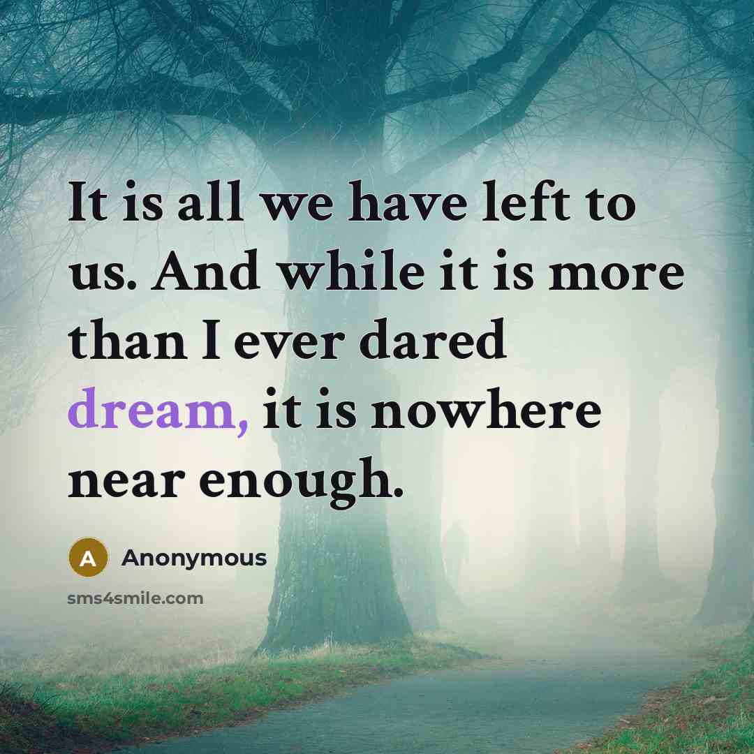 “It is all we have left to us. And while it is more than I ever dared dream, it is nowhere near enough.” quote by Anonymous