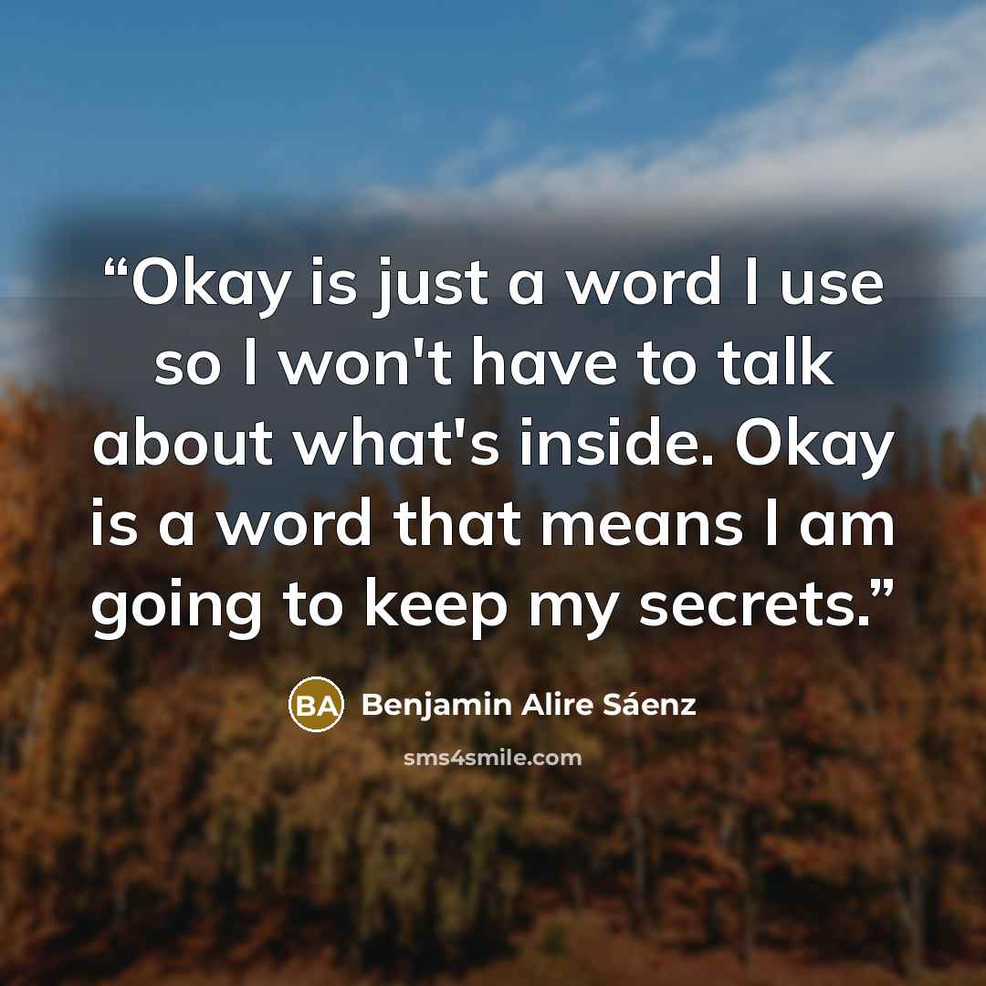 “Okay is just a word I use so I won't have to talk about what's inside. Okay is a word that means I am going to keep my secrets.” quote by Benjamin Alire Sáenz
