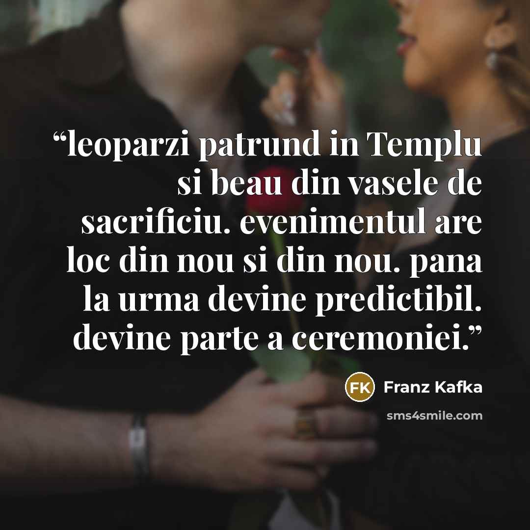 “leoparzi patrund in Templu si beau din vasele de sacrificiu. evenimentul are loc din nou si din nou. pana la urma devine predictibil. devine parte a ceremoniei.” quote by Franz Kafka
