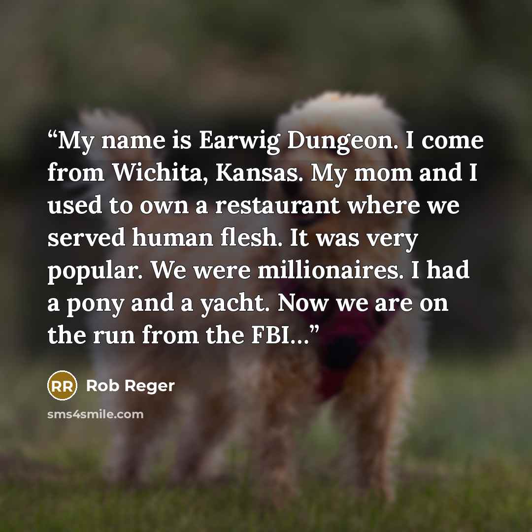 “My name is Earwig Dungeon. I come from Wichita, Kansas. My mom and I used to own a restaurant where we served human flesh. It was very popular. We were millionaires. I had a pony and a yacht. Now we are on the run from the FBI…” quote by Rob Reger