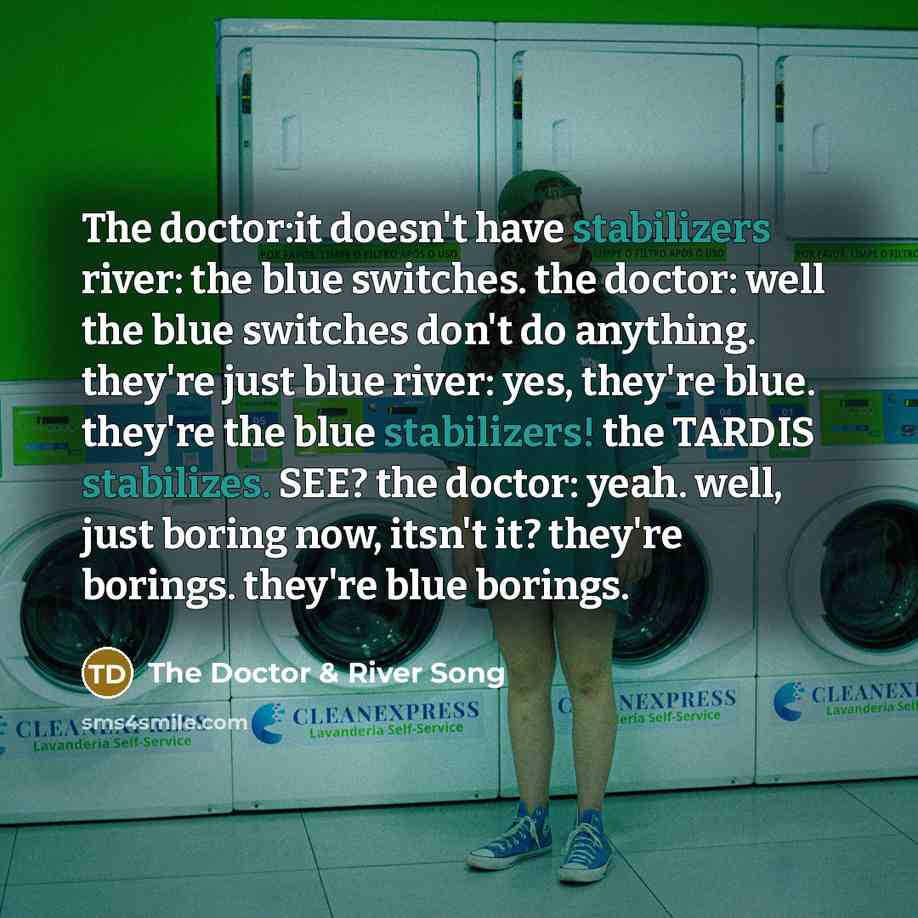 “The doctor:it doesn't have stabilizers river: the blue switches. the doctor: well the blue switches don't do anything. they're just blue river: yes, they're blue. they're the blue stabilizers! the TARDIS stabilizes. SEE? the doctor: yeah. well, just boring now, itsn't it? they're borings. they're…” quote by The Doctor & River Song