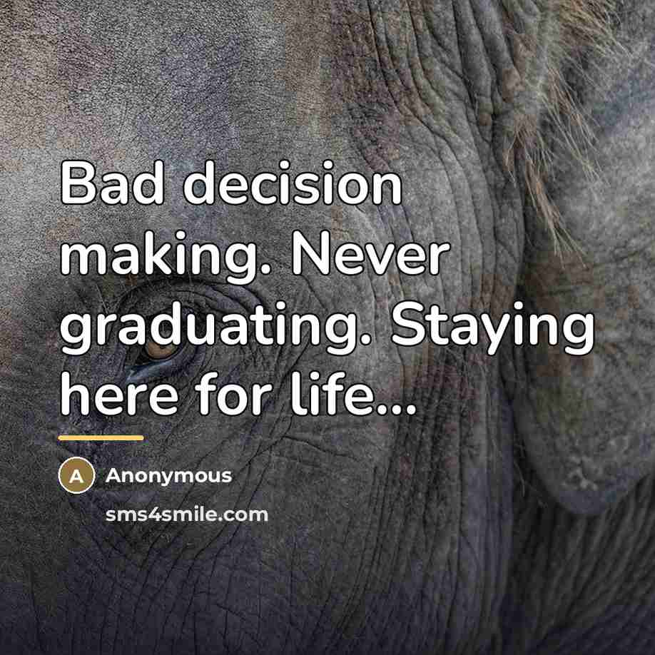 “Bad decision making. Never graduating. Staying here for life...…” quote by Anonymous