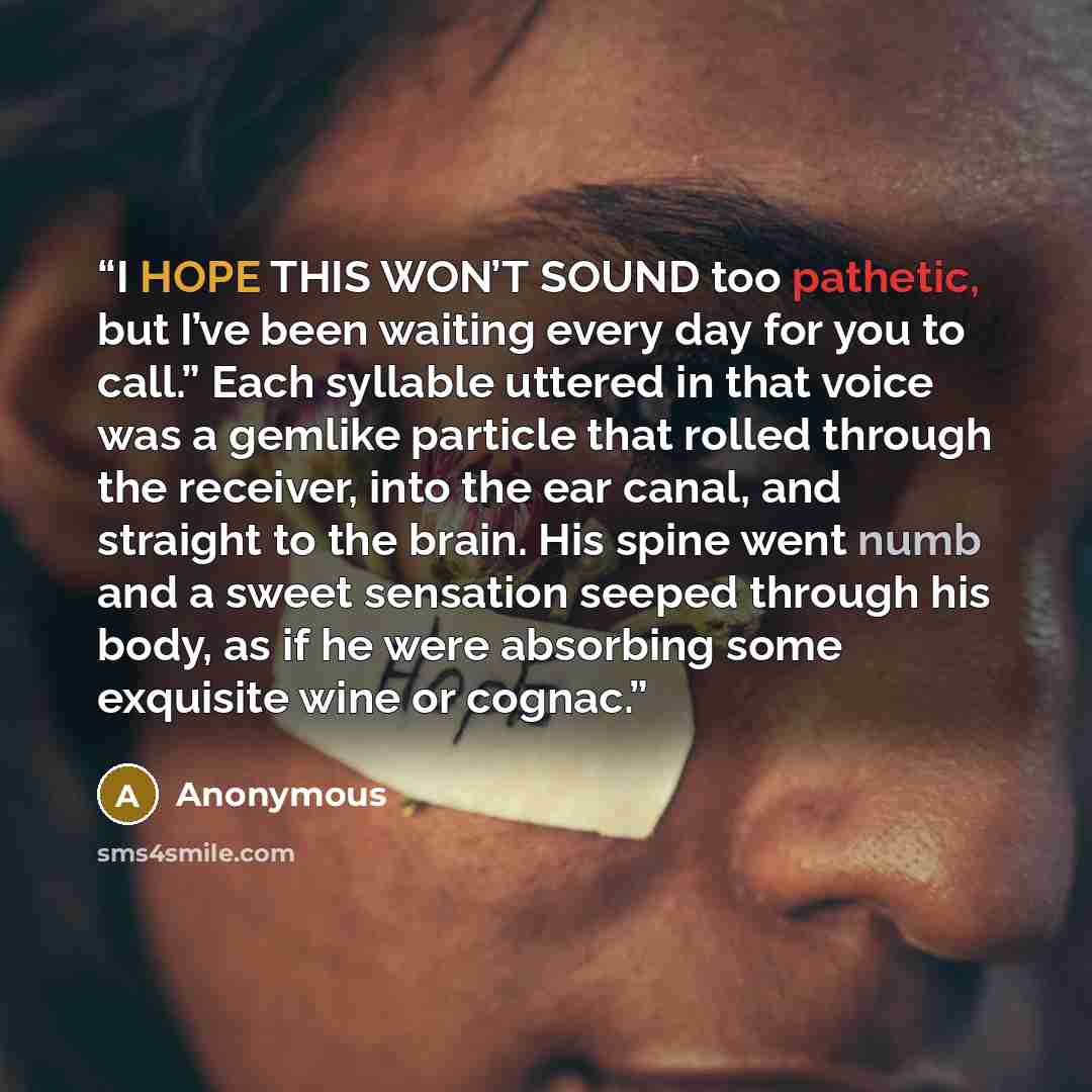 “I HOPE THIS WON’T SOUND too pathetic, but I’ve been waiting every day for you to call.” Each syllable uttered in that voice was a gemlike particle that rolled through the receiver, into the ear canal, and straight to the brain. His spine went numb and a sweet sensation seeped through his body, as…” quote by Anonymous