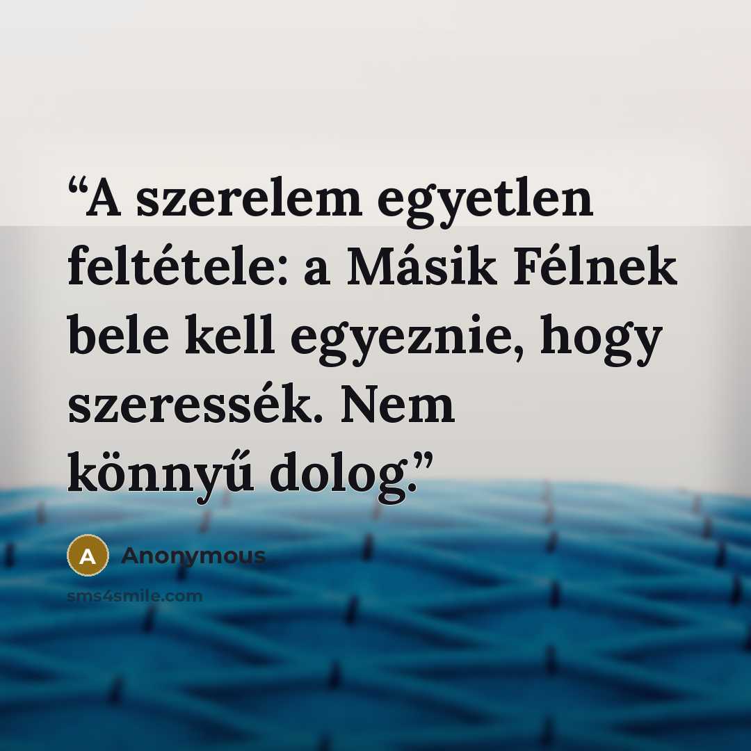 “A szerelem egyetlen feltétele: a Másik Félnek bele kell egyeznie, hogy szeressék. Nem könnyű dolog.” quote by Anonymous