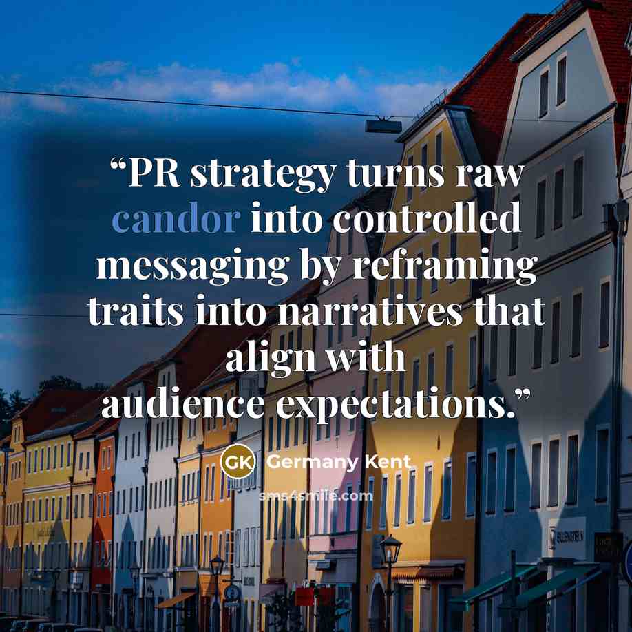 “PR strategy turns raw candor into controlled messaging by reframing traits into narratives that align with audience expectations.” quote by Germany Kent