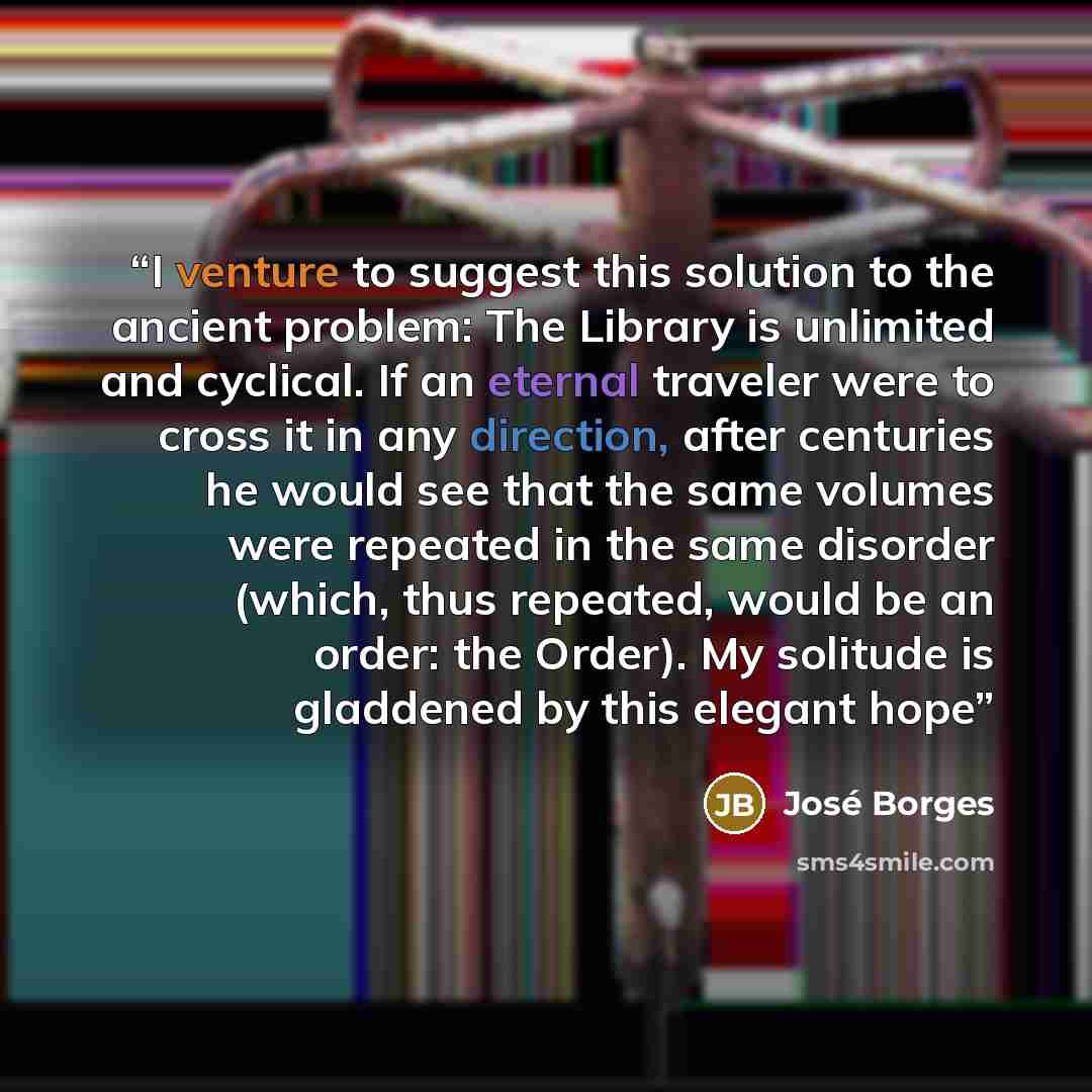 “I venture to suggest this solution to the ancient problem: The Library is unlimited and cyclical. If an eternal traveler were to cross it in any direction, after centuries he would see that the same volumes were repeated in the same disorder (which, thus repeated, would be an order: the Order). My…” quote by José Borges