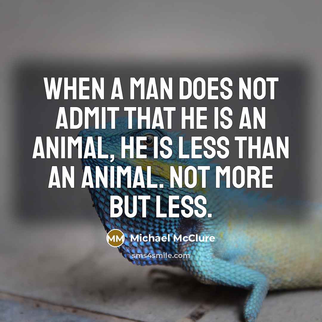 “When a man does not admit that he is an animal, he is less than an animal. Not more but less.” quote by Michael McClure
