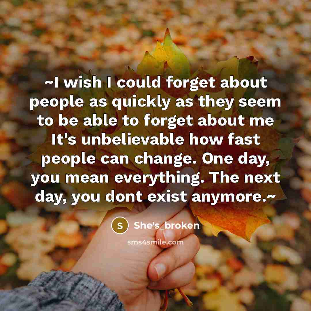 “~I wish I could forget about people as quickly as they seem to be able to forget about me It's unbelievable how fast people can change. One day, you mean everything. The next day, you dont exist anymore.~” quote by She's_broken