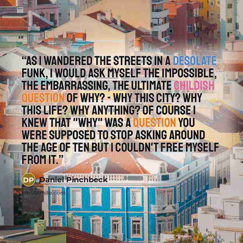 “As I wandered the streets in a desolate funk, I would ask myself the impossible, the embarrassing, the ultimate childish question of Why? - Why this city? Why this life? Why anything? Of course I knew that "why" was a question you were supposed to stop asking around the age of ten but I couldn't…” quote by Daniel Pinchbeck