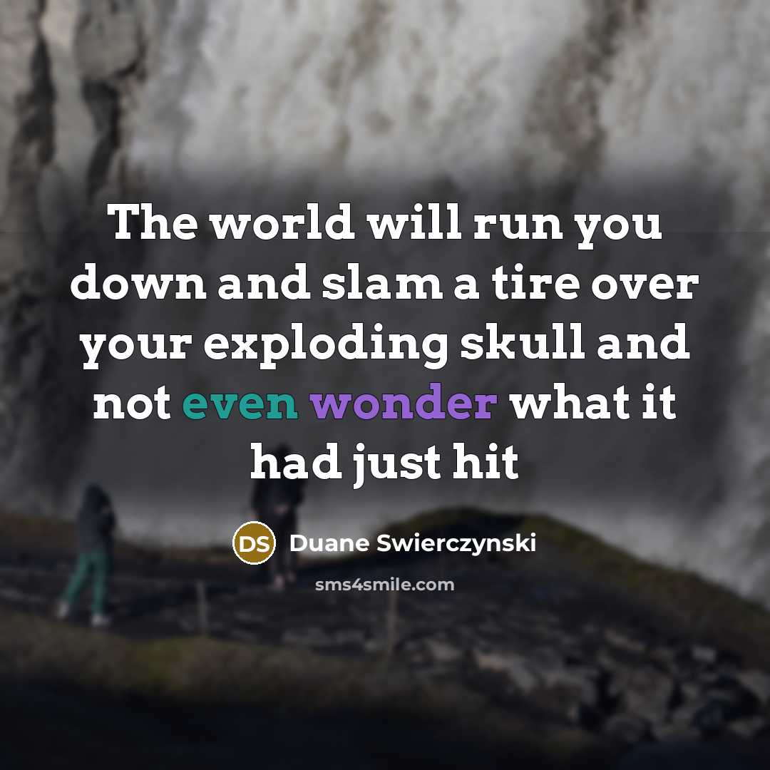 “The world will run you down and slam a tire over your exploding skull and not even wonder what it had just hit” quote by Duane Swierczynski