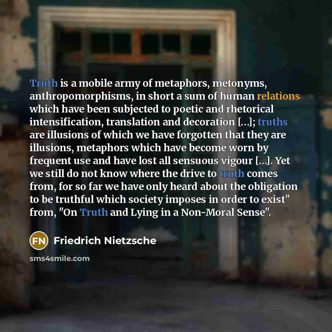 “Truth is a mobile army of metaphors, metonyms, anthropomorphisms, in…” quote by Friedrich Nietzsche