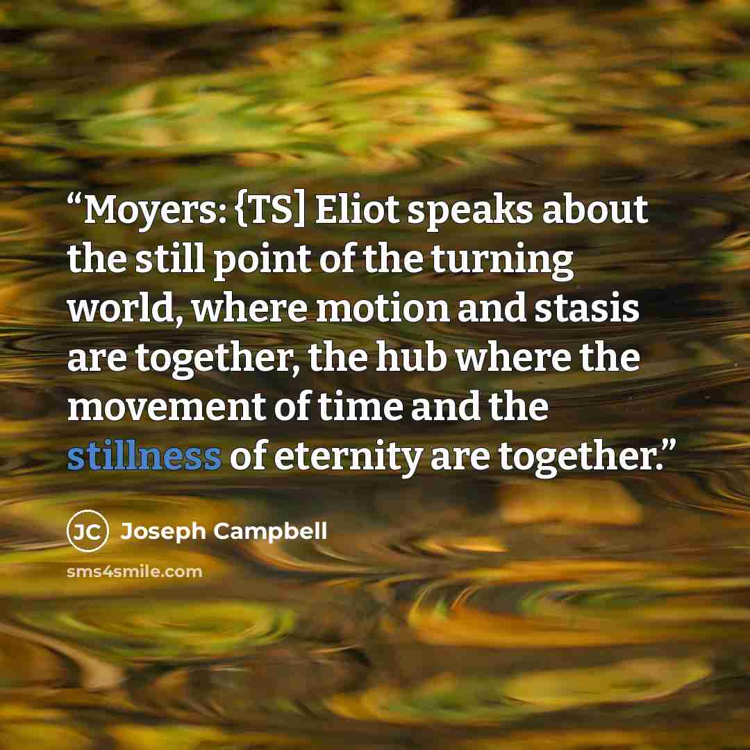 “Moyers: {TS] Eliot speaks about the still point of the turning world, where motion and stasis are together, the hub where the movement of time and the stillness of eternity are together.” quote by Joseph Campbell