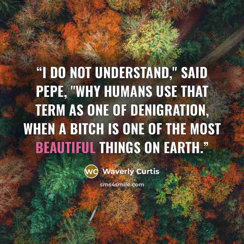 “I do not understand," said Pepe, "why humans use that term as one of denigration, when a bitch is one of the most beautiful things on earth.” quote by Waverly Curtis