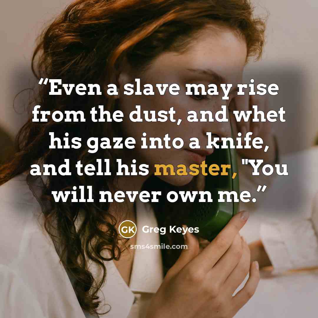“Even a slave may rise from the dust, and whet his gaze into a knife, and tell his master, "You will never own me.” quote by Greg Keyes