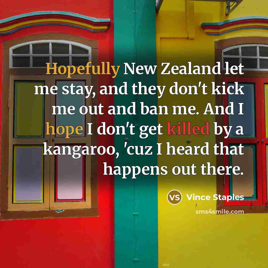 “Hopefully New Zealand let me stay, and they don't kick me out and ban me. And I hope I don't get killed by a kangaroo, 'cuz I heard that happens out there.” quote by Vince Staples