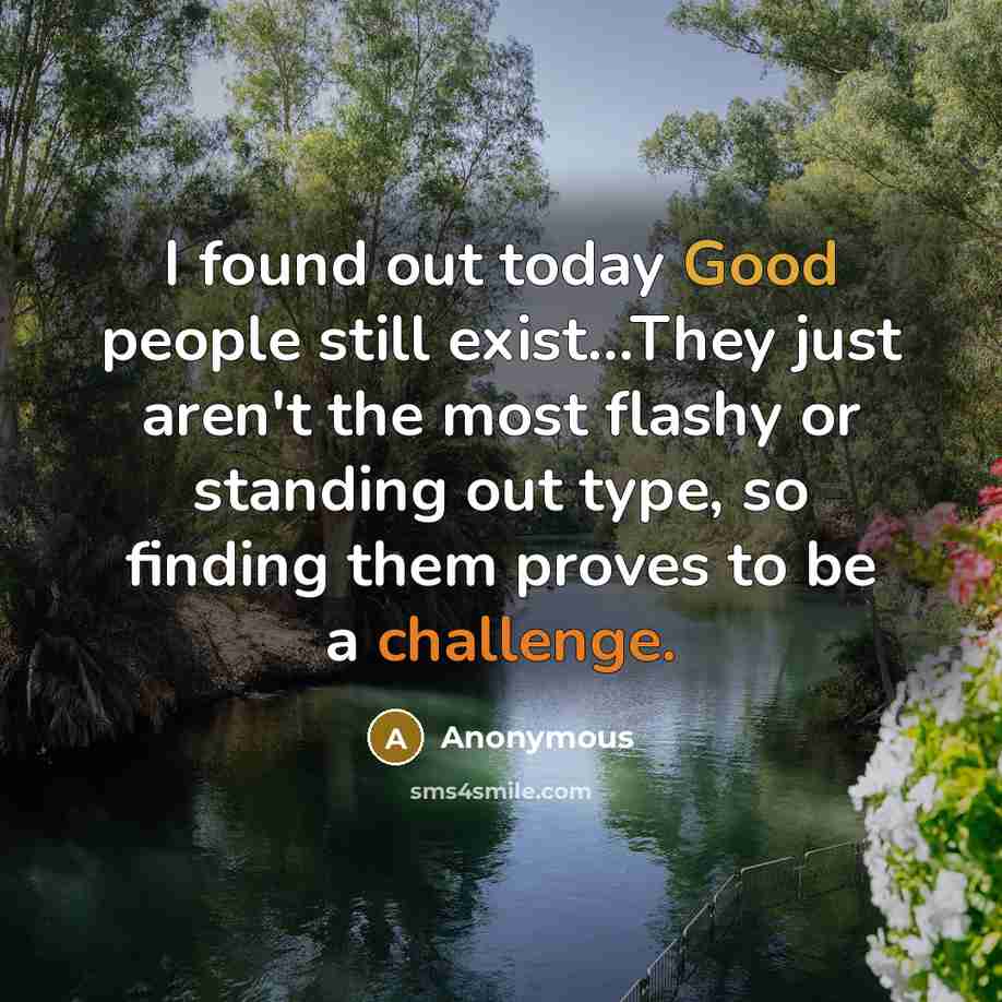 “I found out today Good people still exist...They just aren't the most flashy or standing out type, so finding them proves to be a challenge.” quote by Anonymous