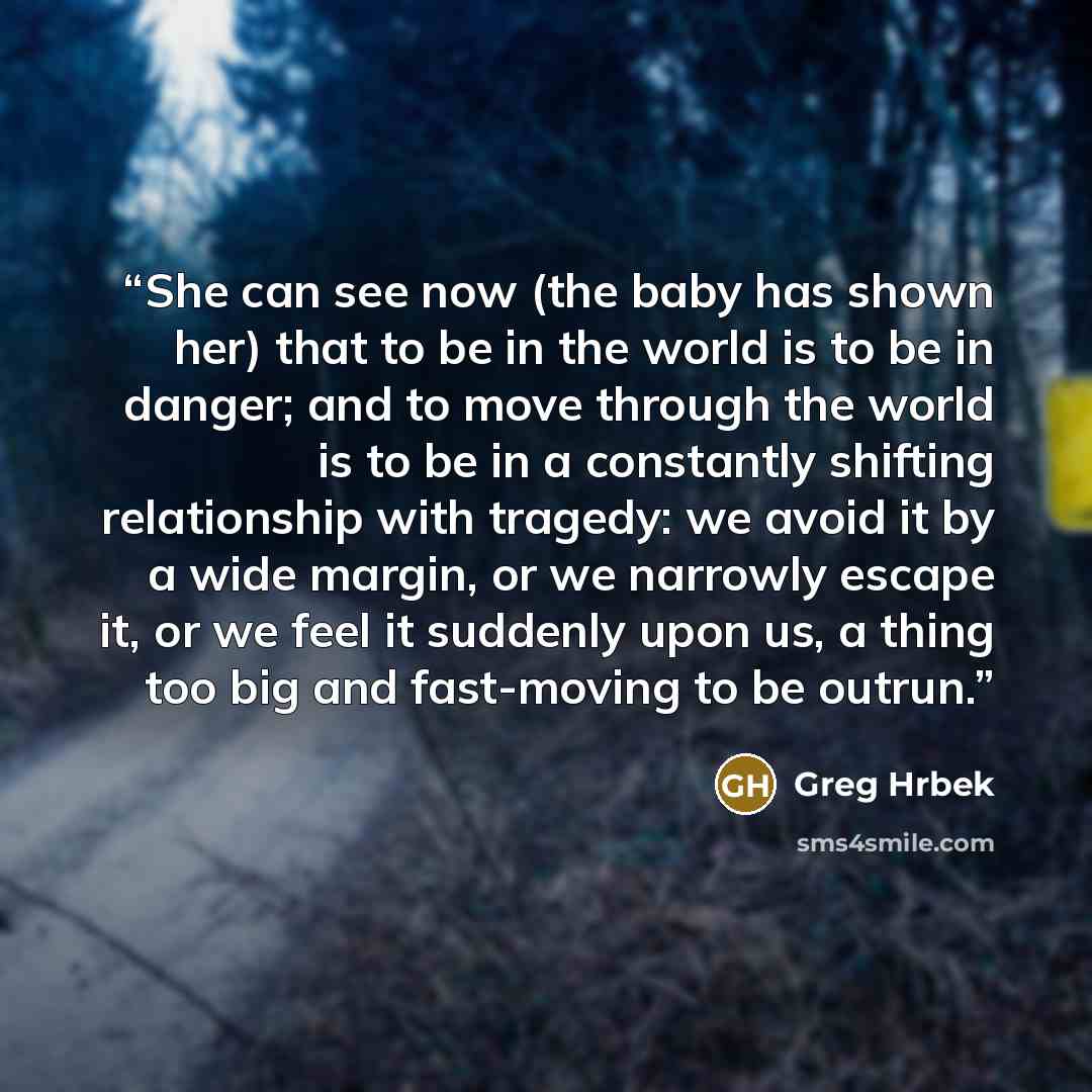 “She can see now (the baby has shown her) that to be in the world is to be in danger; and to move through the world is to be in a constantly shifting relationship with tragedy: we avoid it by a wide margin, or we narrowly escape it, or we feel it suddenly upon us, a thing too big and fast-moving to…” quote by Greg Hrbek