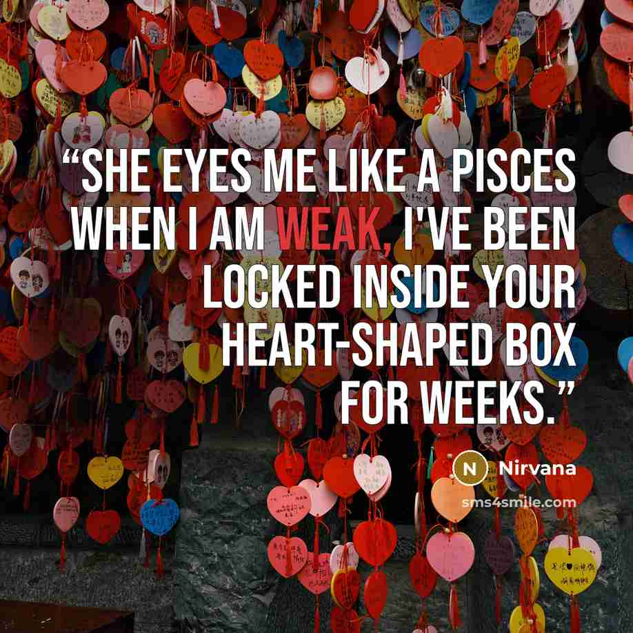 “She eyes me like a Pisces when I am weak, I've been locked inside your heart-shaped box for weeks.” quote by Nirvana