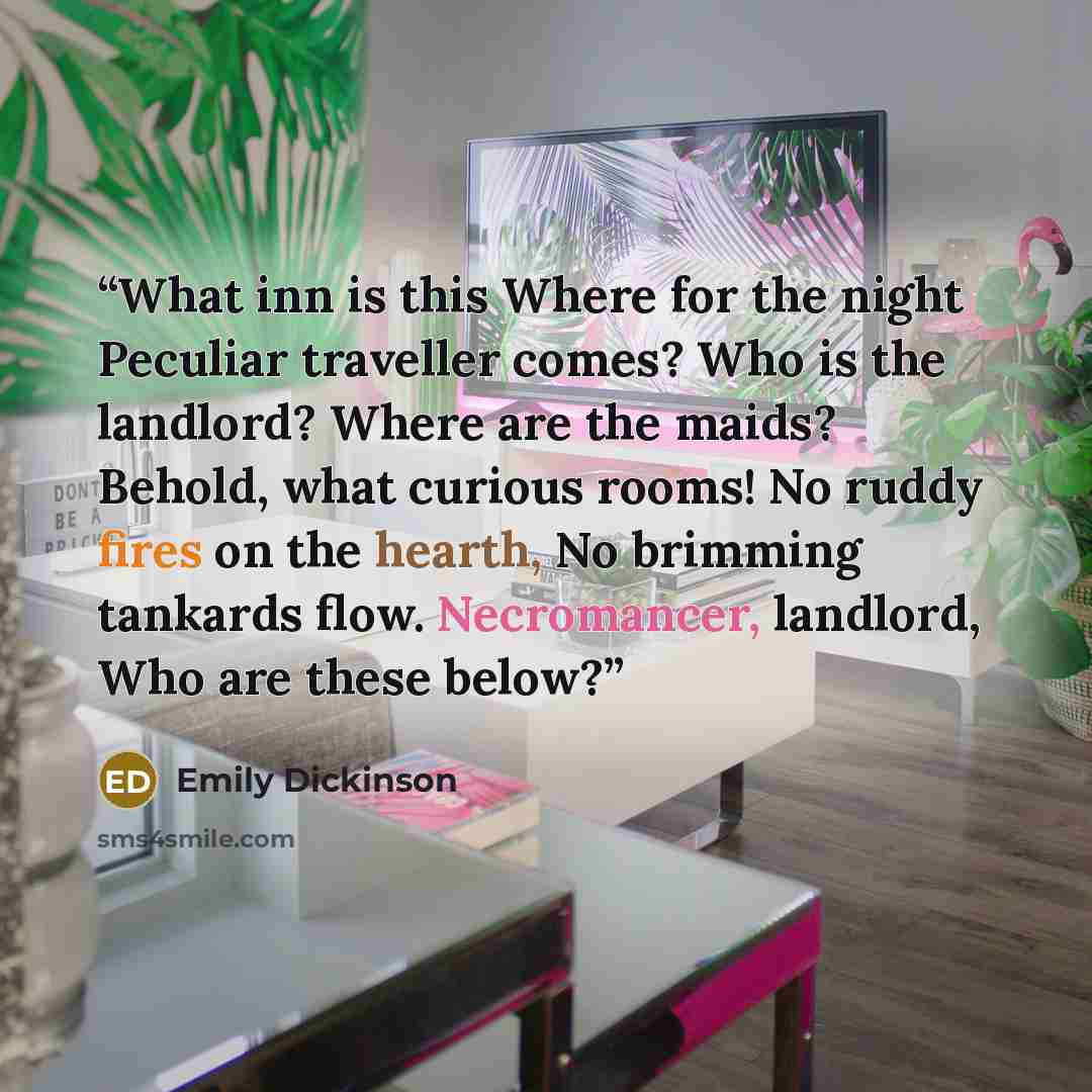 “What inn is this Where for the night Peculiar traveller comes? Who is the landlord? Where are the maids? Behold, what curious rooms! No ruddy fires on the hearth, No brimming tankards flow. Necromancer, landlord, Who are these below?” quote by Emily Dickinson