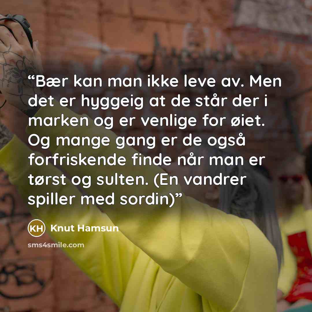 “Bær kan man ikke leve av. Men det er hyggeig at de står der i marken og er venlige for øiet. Og mange gang er de også forfriskende finde når man er tørst og sulten. (En vandrer spiller med sordin)” quote by Knut Hamsun