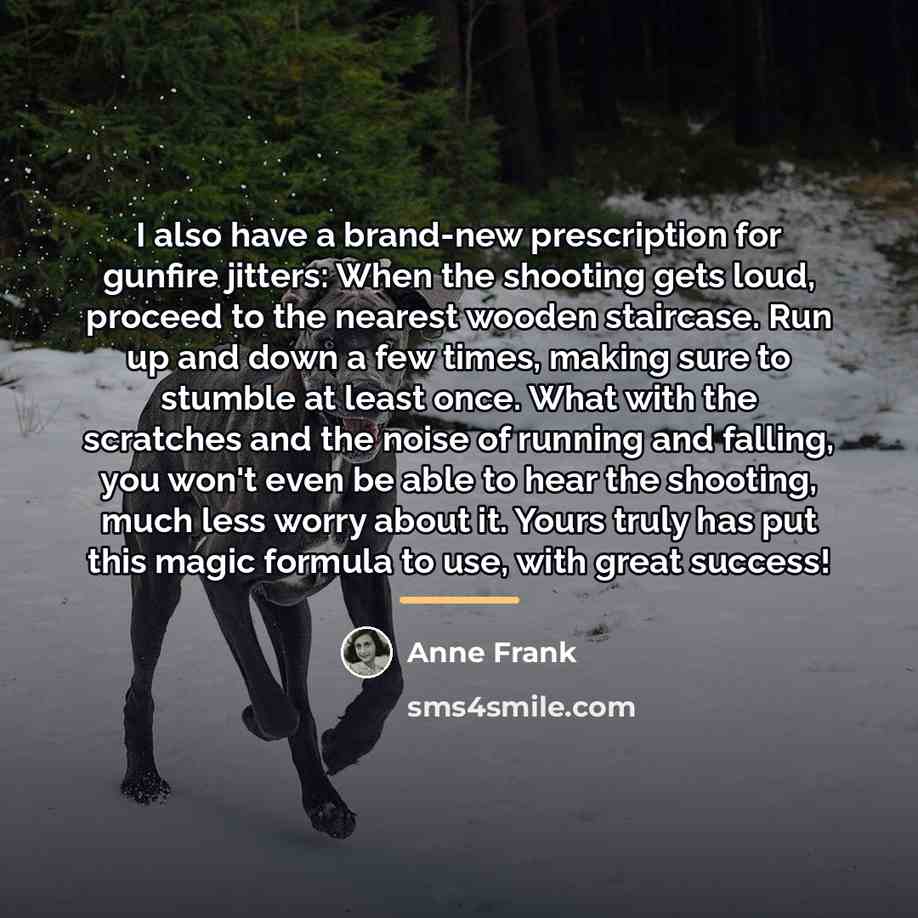 “I also have a brand-new prescription for gunfire jitters: When…” quote by Anne Frank