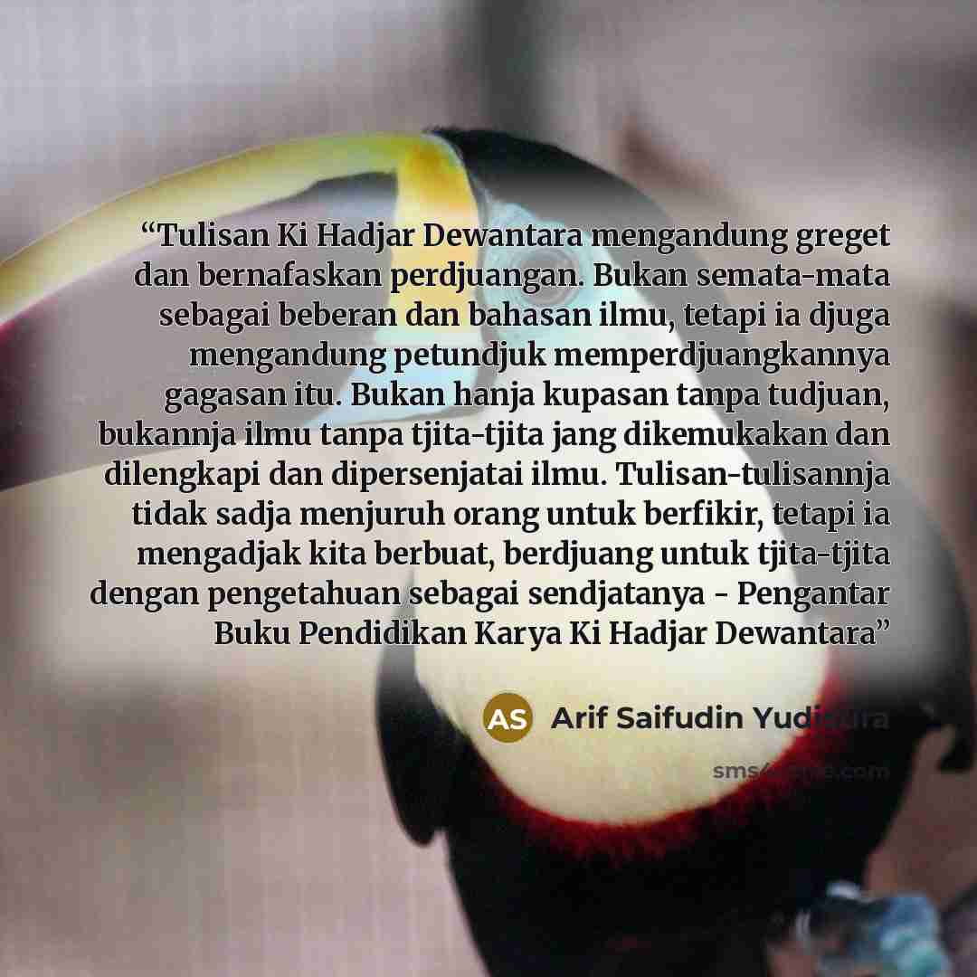 “Tulisan Ki Hadjar Dewantara mengandung greget dan bernafaskan perdjuangan. Bukan semata-mata sebagai beberan dan bahasan ilmu, tetapi ia djuga mengandung petundjuk memperdjuangkannya gagasan itu. Bukan hanja kupasan tanpa tudjuan, bukannja ilmu tanpa tjita-tjita jang dikemukakan dan dilengkapi dan…” quote by Arif saifudin yudistira