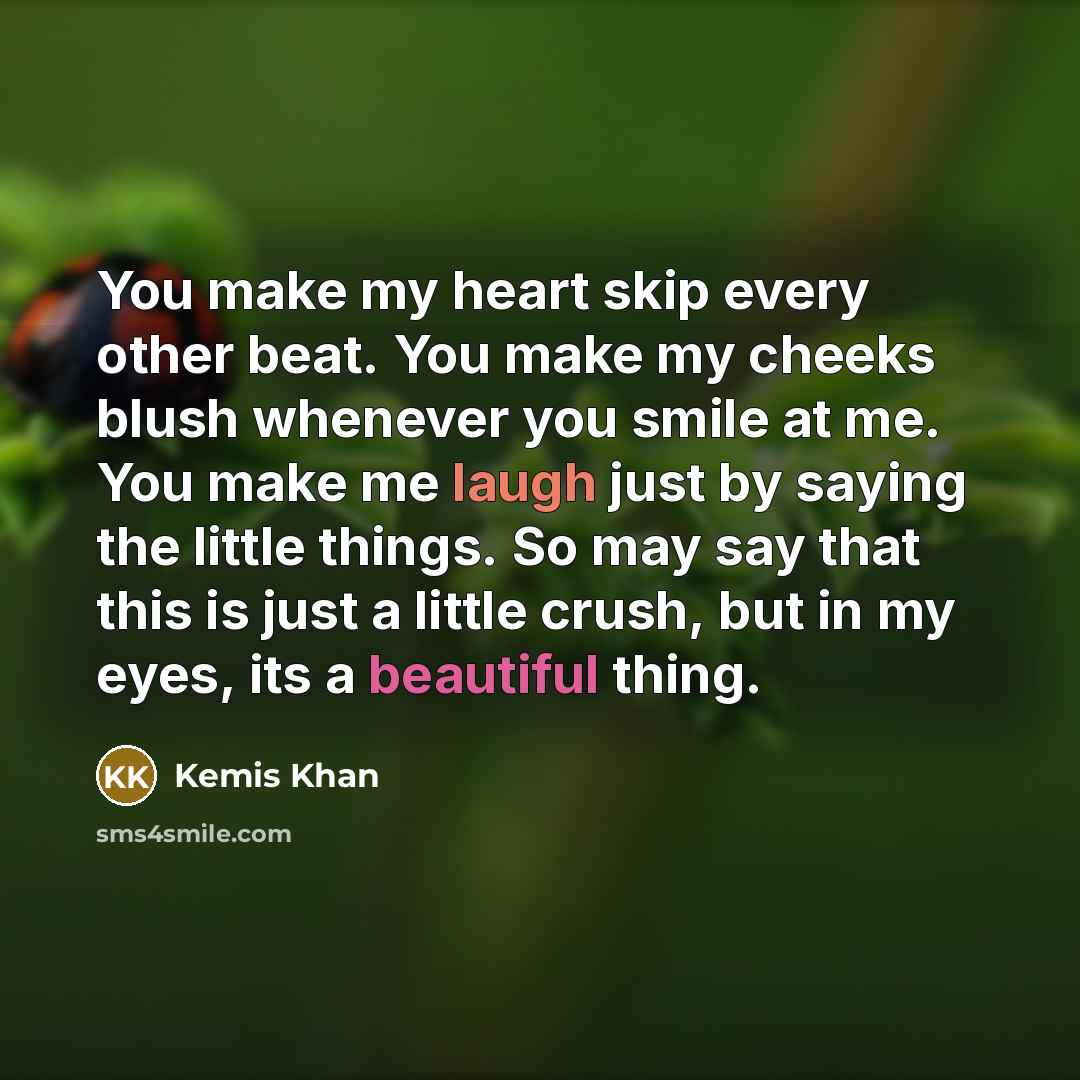 “You make my heart skip every other beat. You make my cheeks blush whenever you smile at me. You make me laugh just by saying the little things. So may say that this is just a little crush, but in my eyes, its a beautiful thing.” quote by Kemis Khan