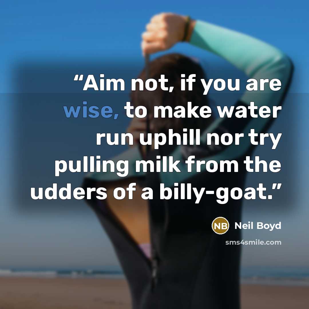 “Aim not, if you are wise, to make water run uphill nor try pulling milk from the udders of a billy-goat.” quote by Neil Boyd