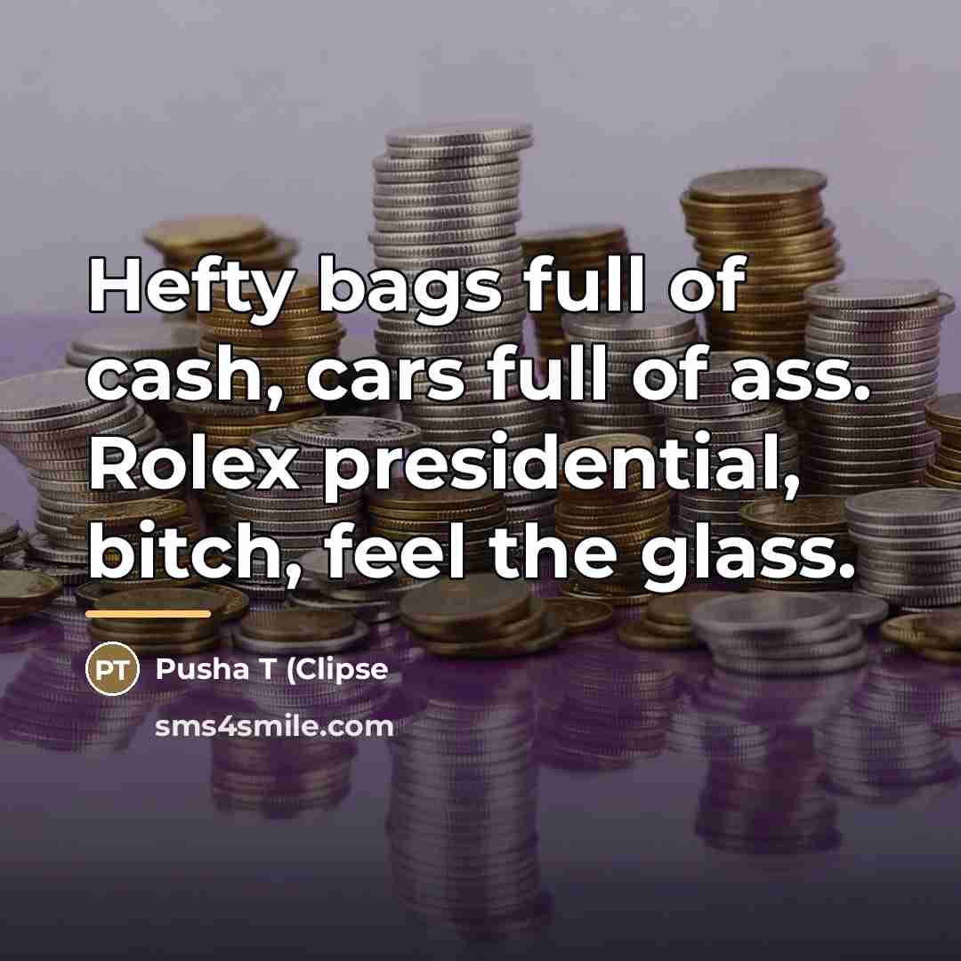 “Hefty bags full of cash, cars full of ass. Rolex…” quote by Pusha T (Clipse