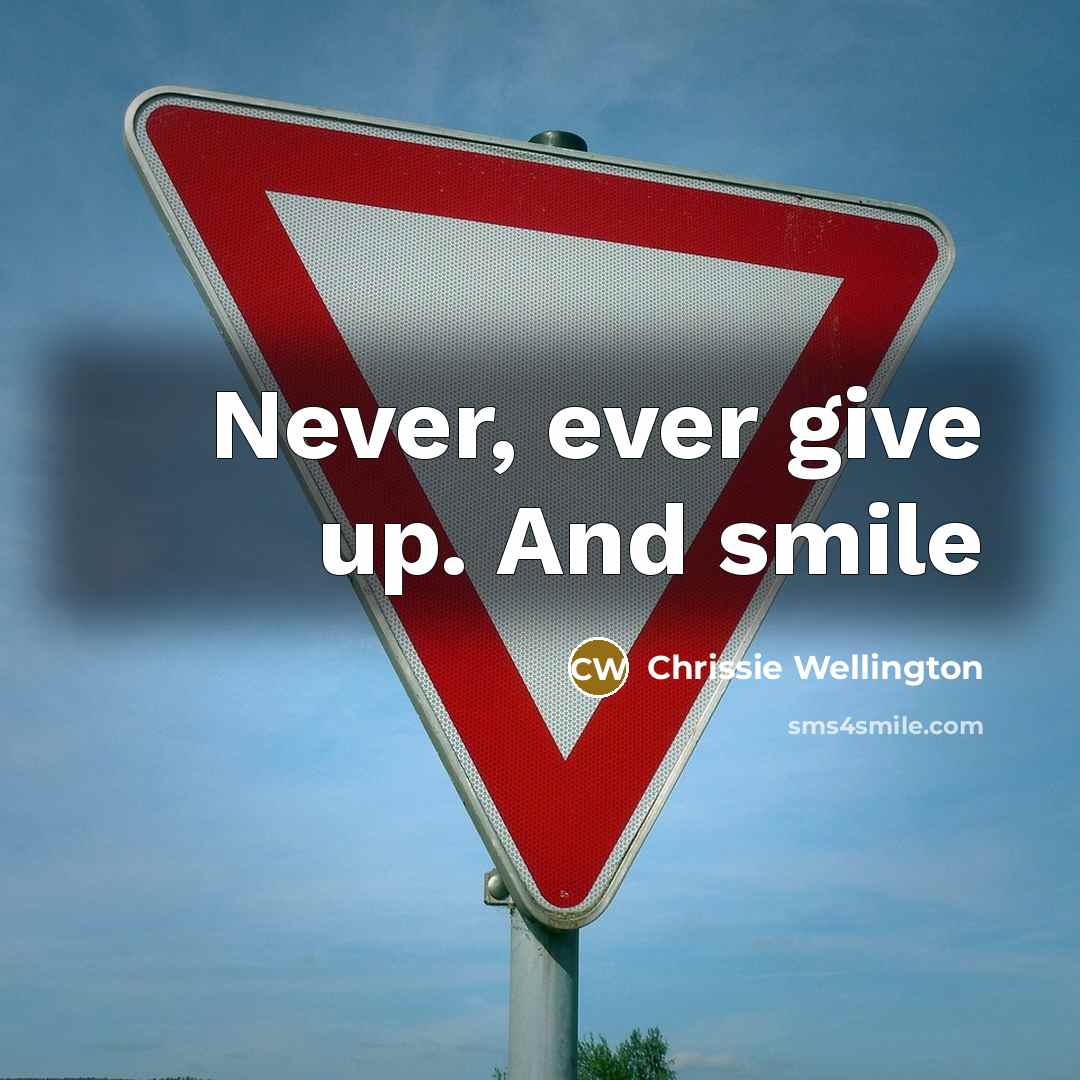 “Never, ever give up. And smile…” quote by Chrissie Wellington