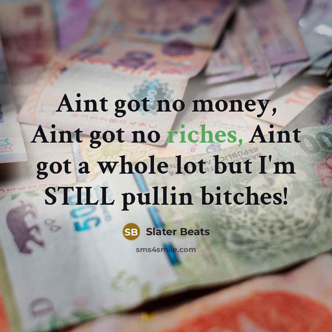 “Aint got no money, Aint got no riches, Aint got a whole lot but I'm STILL pullin bitches!” quote by Slater Beats
