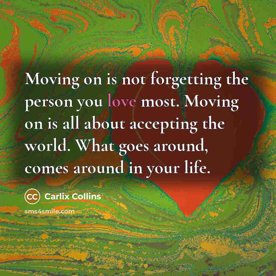 “Moving on is not forgetting the person you love most. Moving on is all about accepting the world. What goes around, comes around in your life.” quote by Carlix Collins