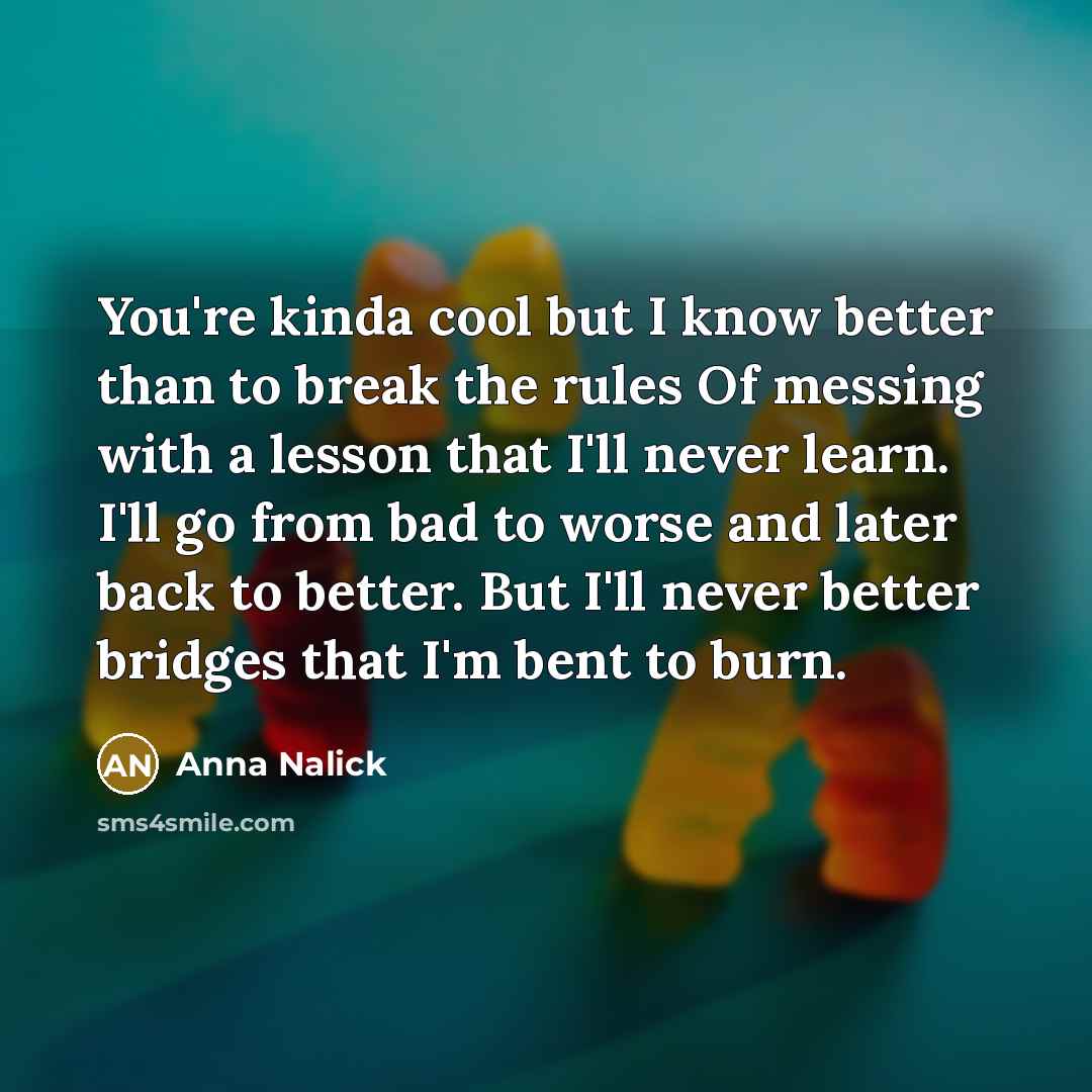 “You're kinda cool but I know better than to break…” quote by Anna Nalick