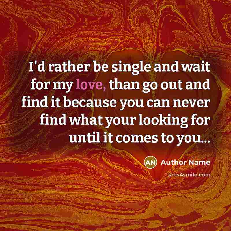 “I'd rather be single and wait for my love, than go out and find it because you can never find what your looking for until it comes to you...” quote by Author Name