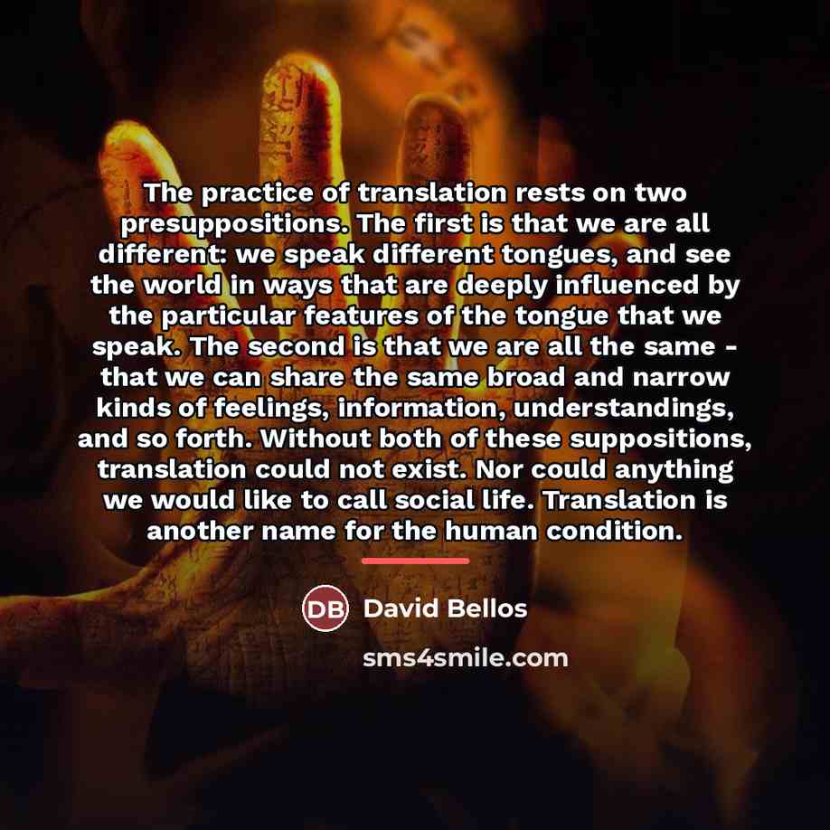 “The practice of translation rests on two presuppositions. The first…” quote by David Bellos