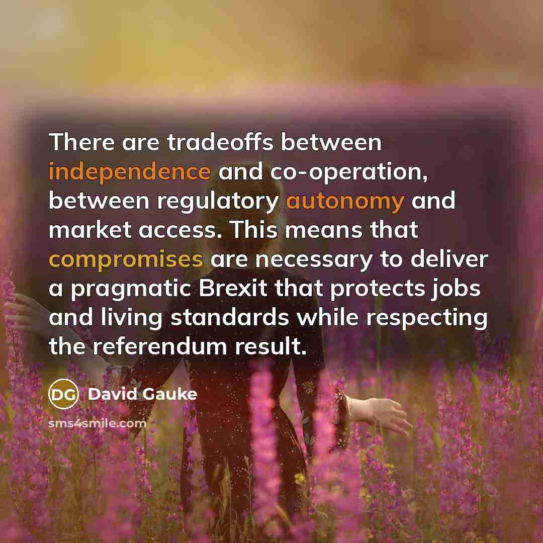 “There are tradeoffs between independence and co-operation, between regulatory autonomy and market access. This means that compromises are necessary to deliver a pragmatic Brexit that protects jobs and living standards while respecting the referendum result.” quote by David Gauke