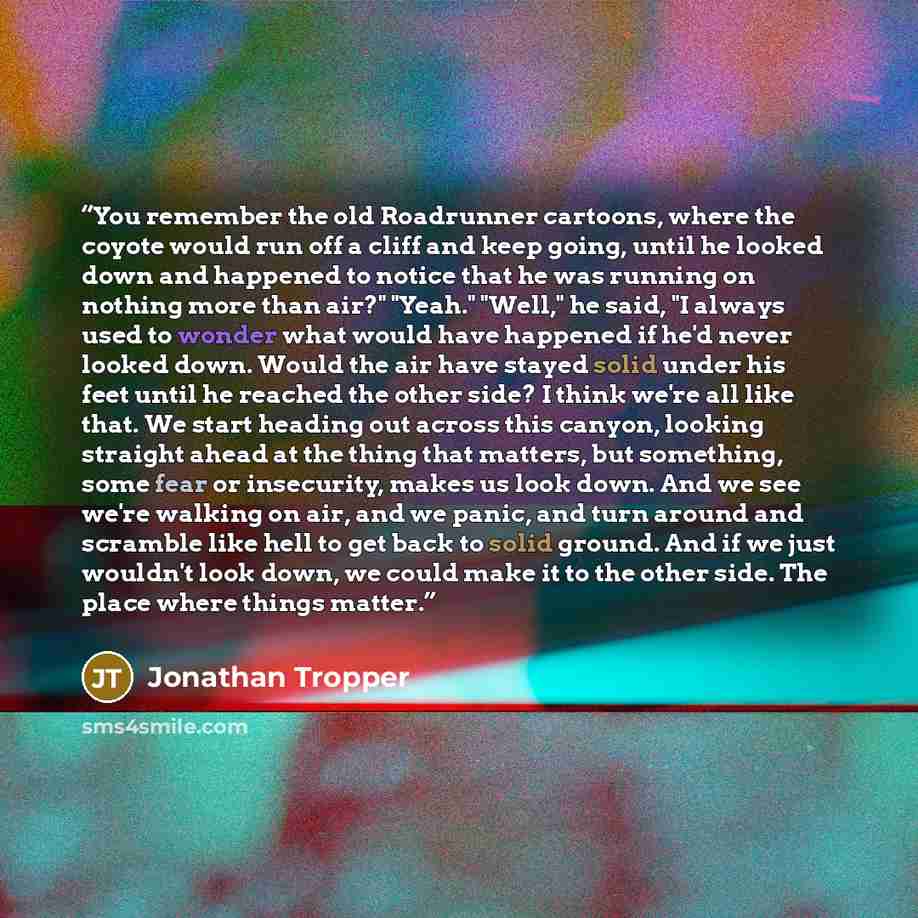 “You remember the old Roadrunner cartoons, where the coyote would run off a cliff and keep going, until he looked down and happened to notice that he was running on nothing more than air?" "Yeah." "Well," he said, "I always used to wonder what would have happened if he'd never looked down. Would…” quote by Jonathan Tropper