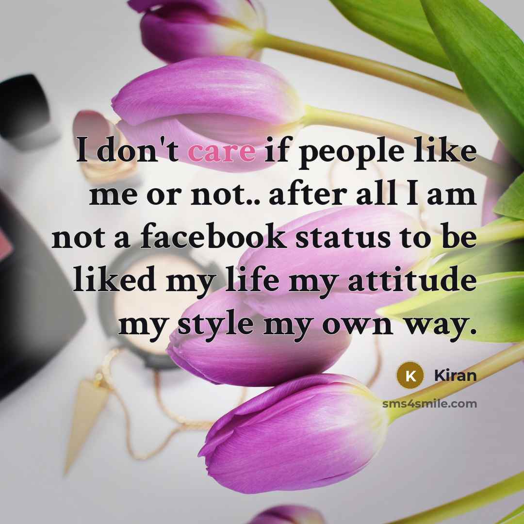 “I don't care if people like me or not.. after all I am not a facebook status to be liked my life my attitude my style my own way.” quote by Kiran