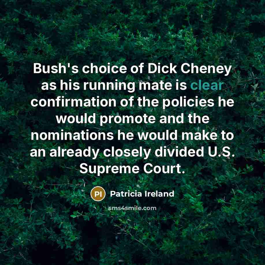 “Bush's choice of Dick Cheney as his running mate is…” quote by Patricia Ireland