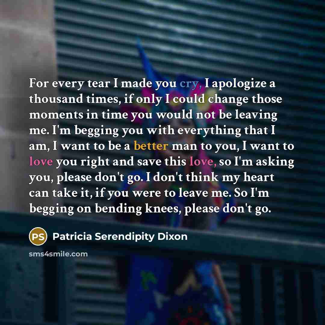 “For every tear I made you cry, I apologize a thousand times, if only I could change those moments in time you would not be leaving me. I'm begging you with everything that I am, I want to be a better man to you, I want to love you right and save this love, so I'm asking you, please don't go. I…” quote by Patricia Serendipity Dixon