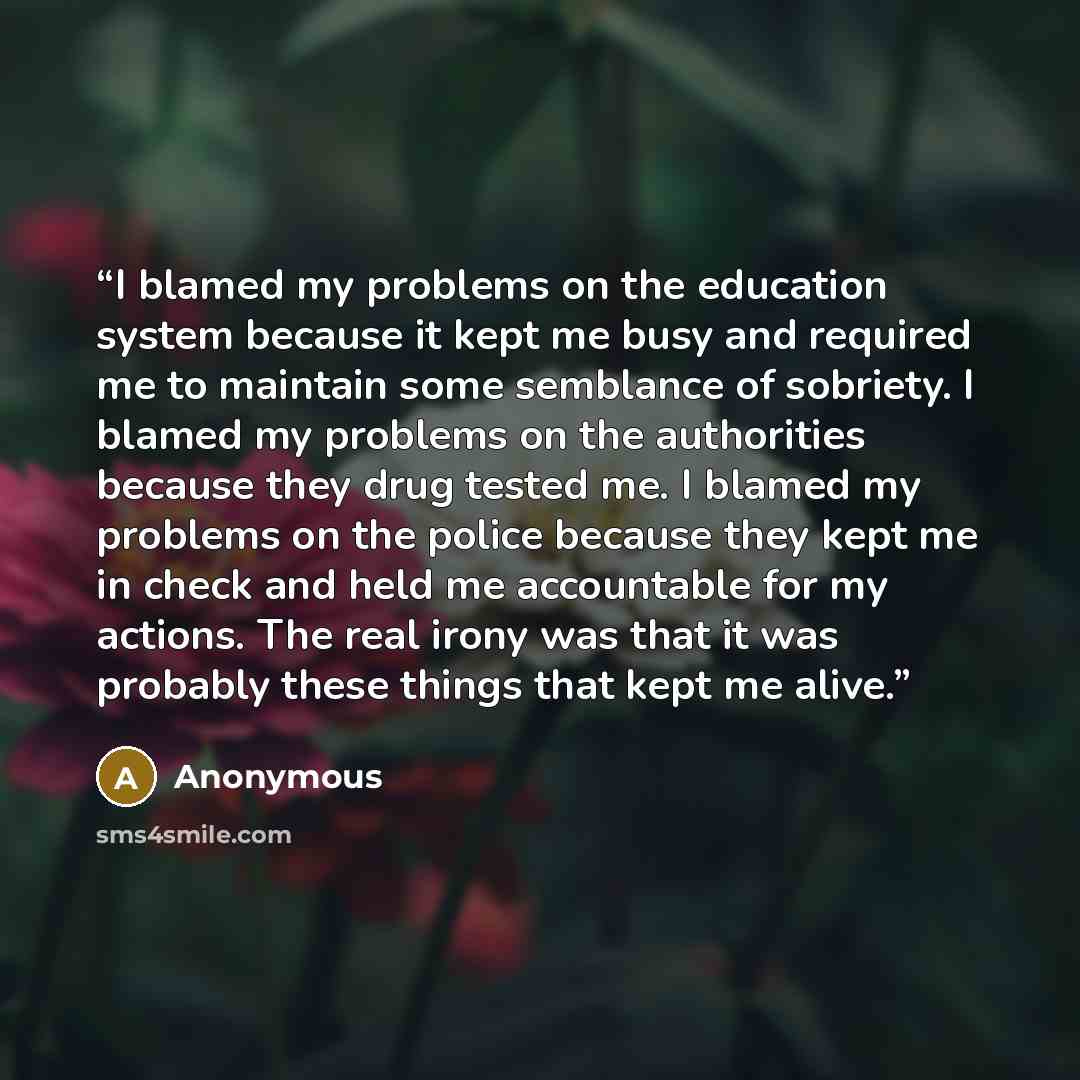 “I blamed my problems on the education system because it kept me busy and required me to maintain some semblance of sobriety. I blamed my problems on the authorities because they drug tested me. I blamed my problems on the police because they kept me in check and held me accountable for my actions…” quote by Anonymous