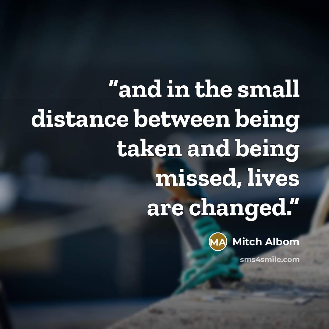 “and in the small distance between being taken and being missed, lives are changed.” quote by Mitch Albom