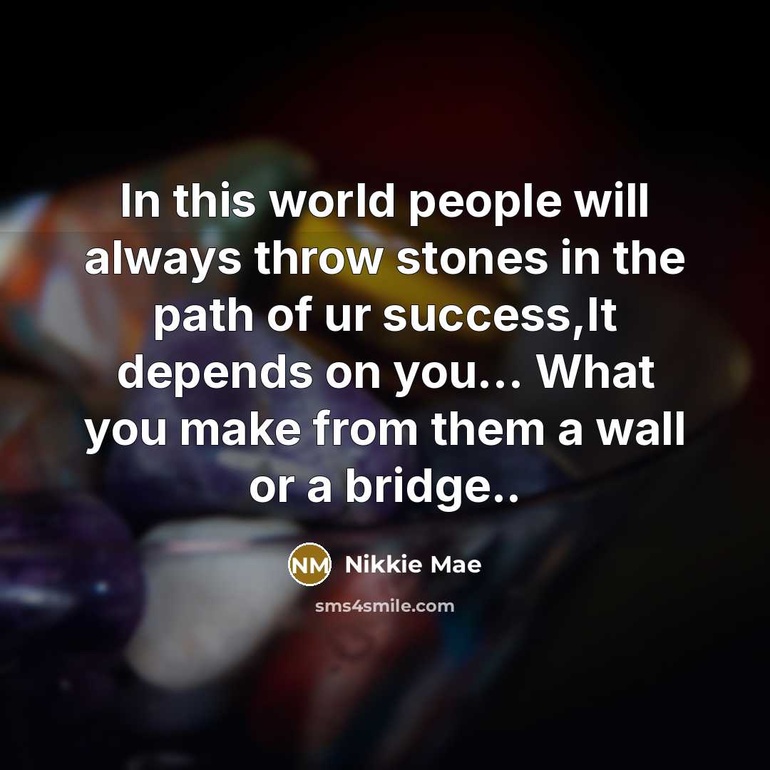 “In this world people will always throw stones in the path of ur success,It depends on you... What you make from them a wall or a bridge..” quote by Nikkie Mae