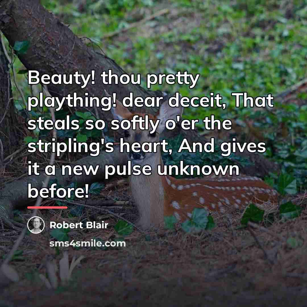 “Beauty! thou pretty plaything! dear deceit, That steals so softly…” quote by Robert Blair