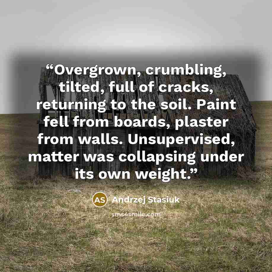 “Overgrown, crumbling, tilted, full of cracks, returning to the soil. Paint fell from boards, plaster from walls. Unsupervised, matter was collapsing under its own weight.” quote by Andrzej Stasiuk