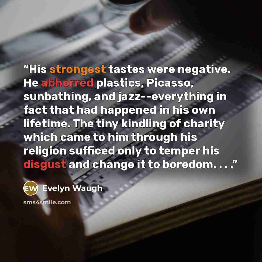 “His strongest tastes were negative. He abhorred plastics, Picasso, sunbathing, and jazz--everything in fact that had happened in his own lifetime. The tiny kindling of charity which came to him through his religion sufficed only to temper his disgust and change it to boredom. . . .” quote by Evelyn Waugh