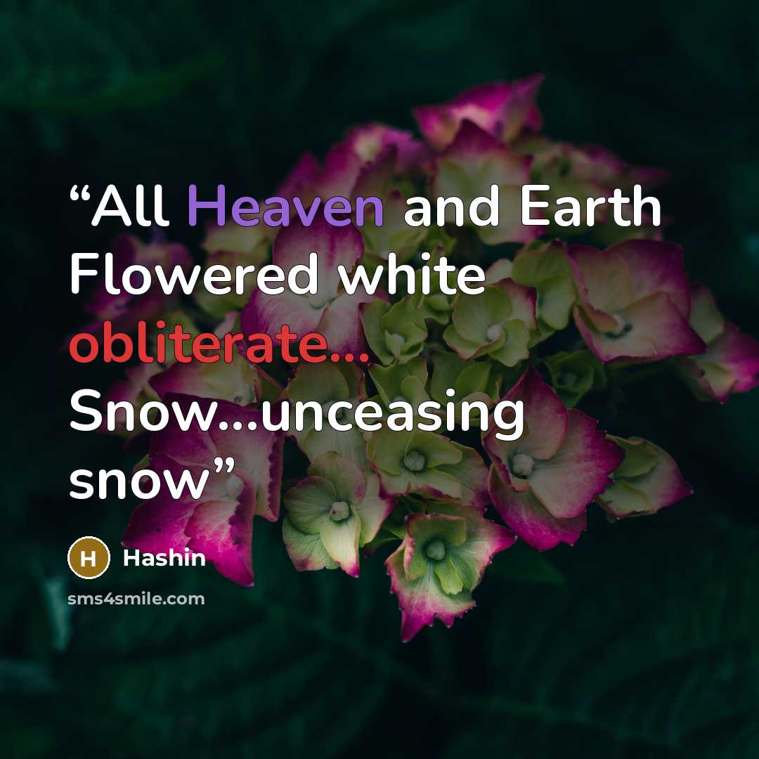 “All Heaven and Earth Flowered white obliterate... Snow...unceasing snow” quote by Hashin